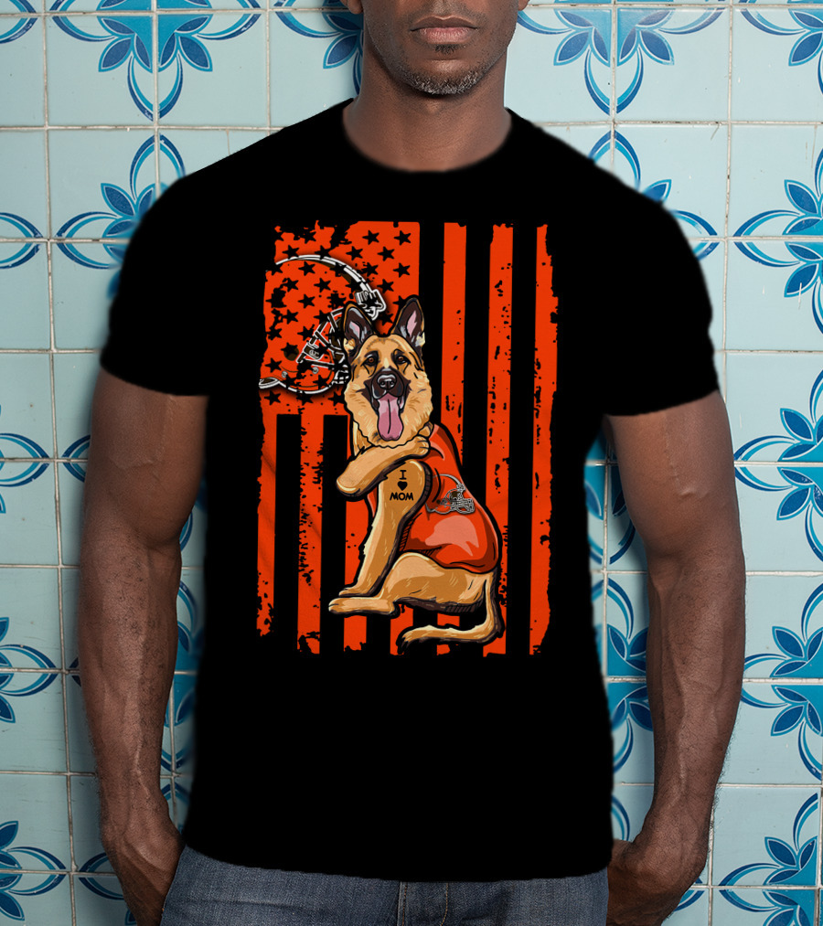 Cleveland Browns German Shepherd Dog And Football Helmet With Orange Flag Background T-Shirt