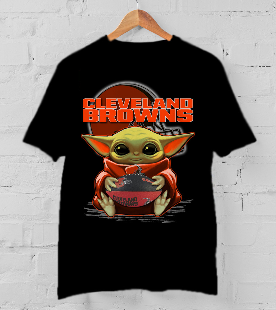Yoda Cleveland Browns Football Holding Baby Yoda Fan T-Shirt