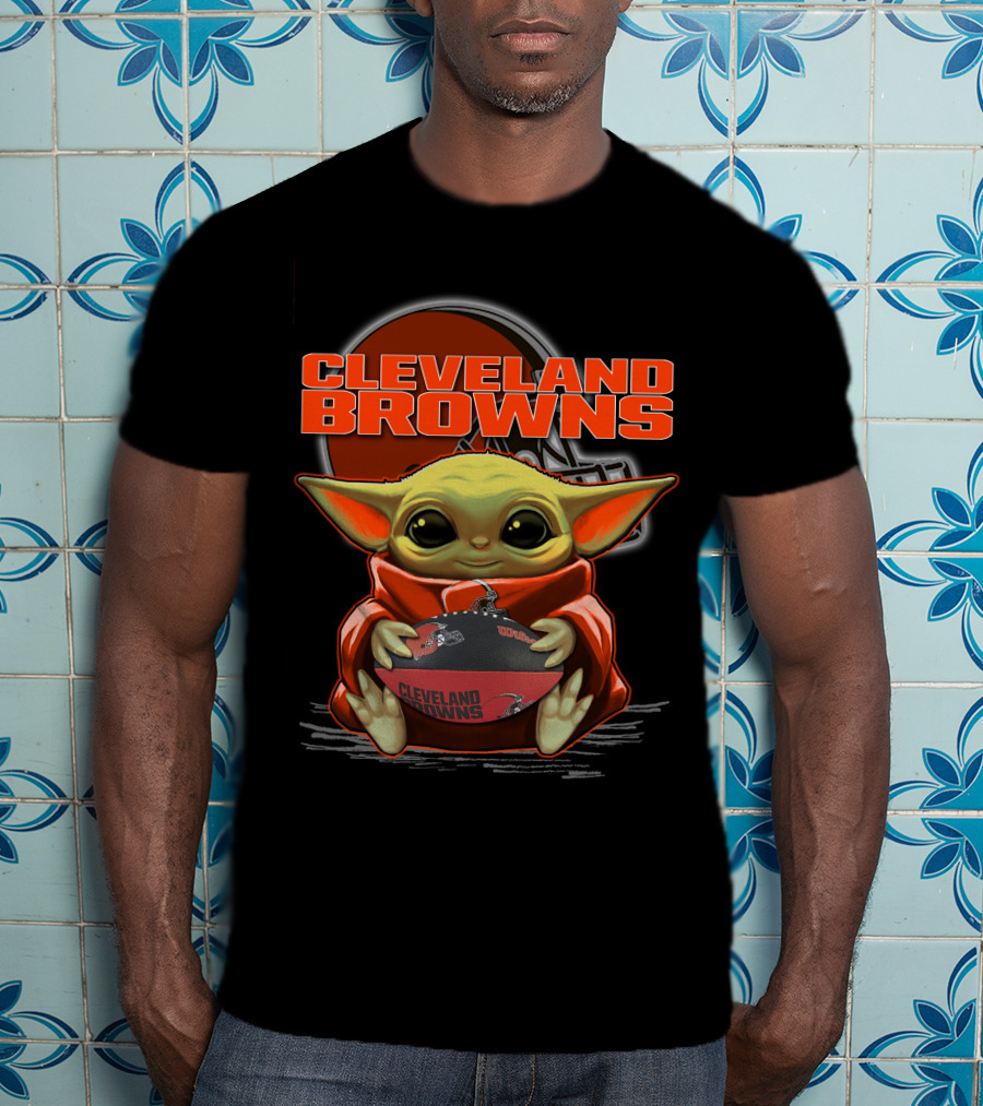 Yoda Cleveland Browns Football Holding Baby Yoda Fan T-Shirt