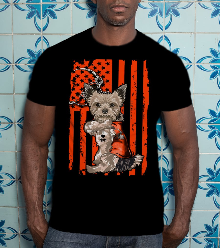 Yorkshire Terrier I Love Mom Cleveland Browns Flag T-Shirt