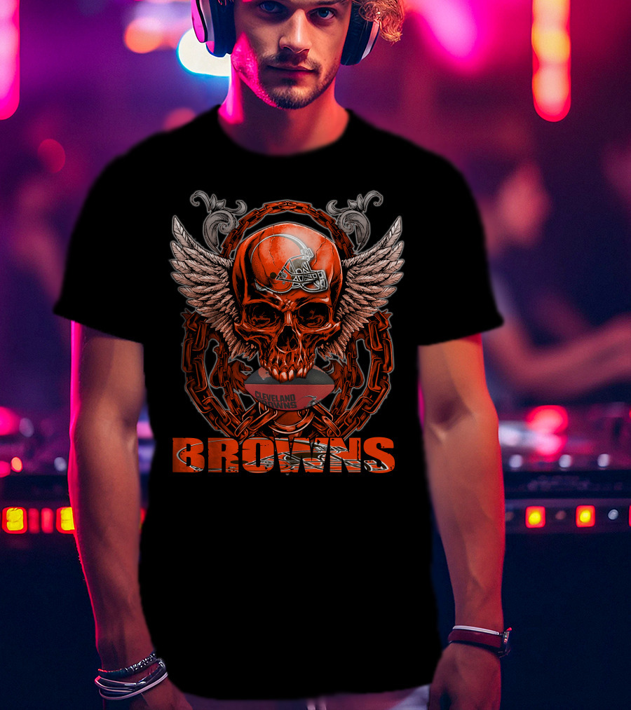 Cleveland Browns Winged Skull Football Chain T-Shirt
