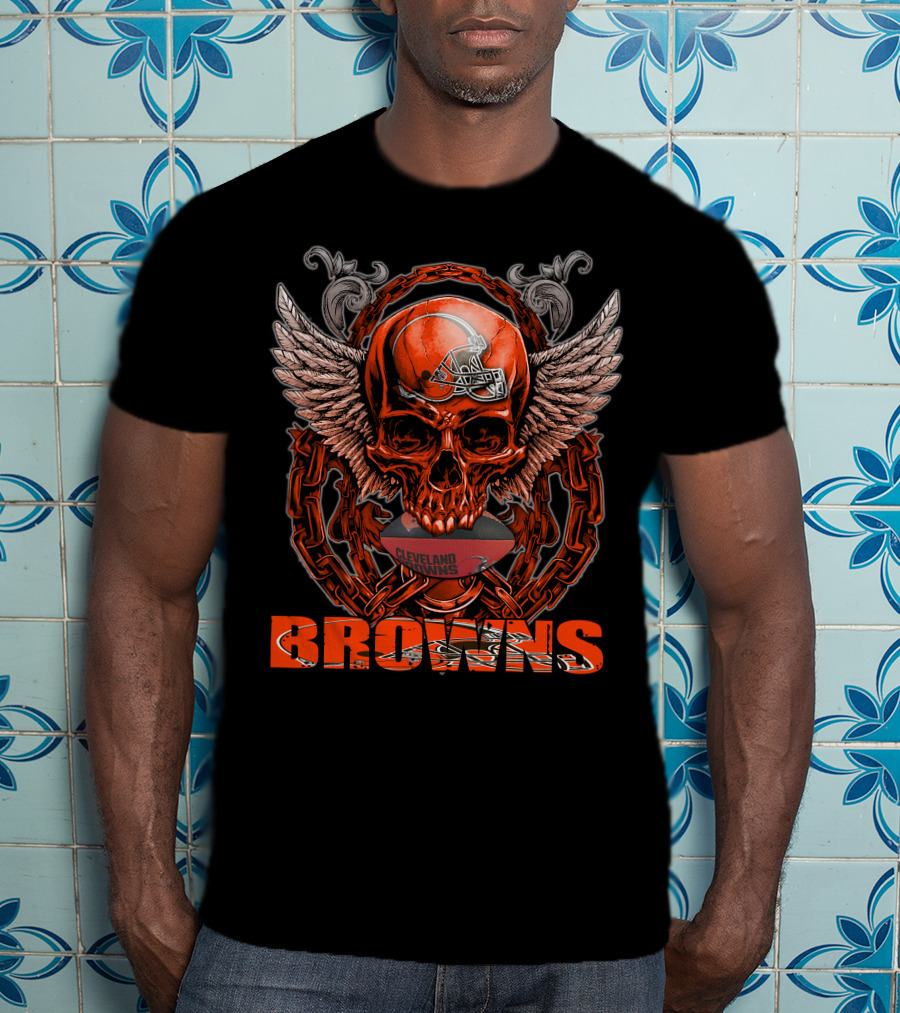 Cleveland Browns Winged Skull Football Chain T-Shirt
