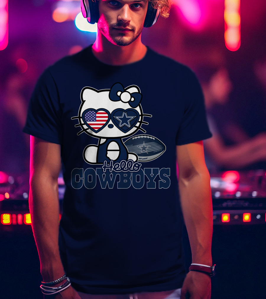 Hellokitty Hello Cowboys Dallas Football Stars USA Flag Glasses Football T-Shirt