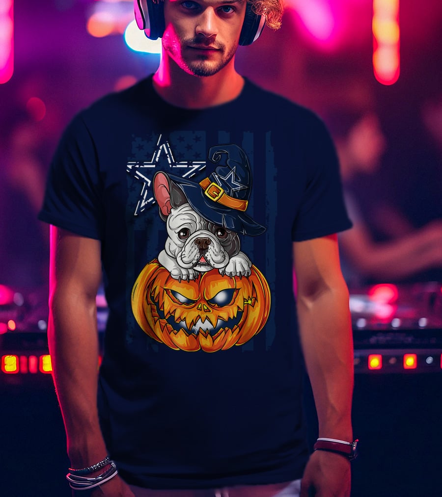 Hlw Bulldog Halloween Dallas Cowboys Pumpkin Wizard Hat T-Shirt