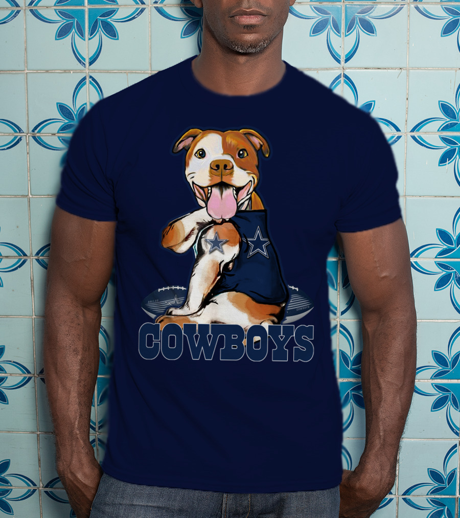 Pittbull Dallas Cowboys Pitbull Wearing Cowboys Jersey With Footballs T-Shirt