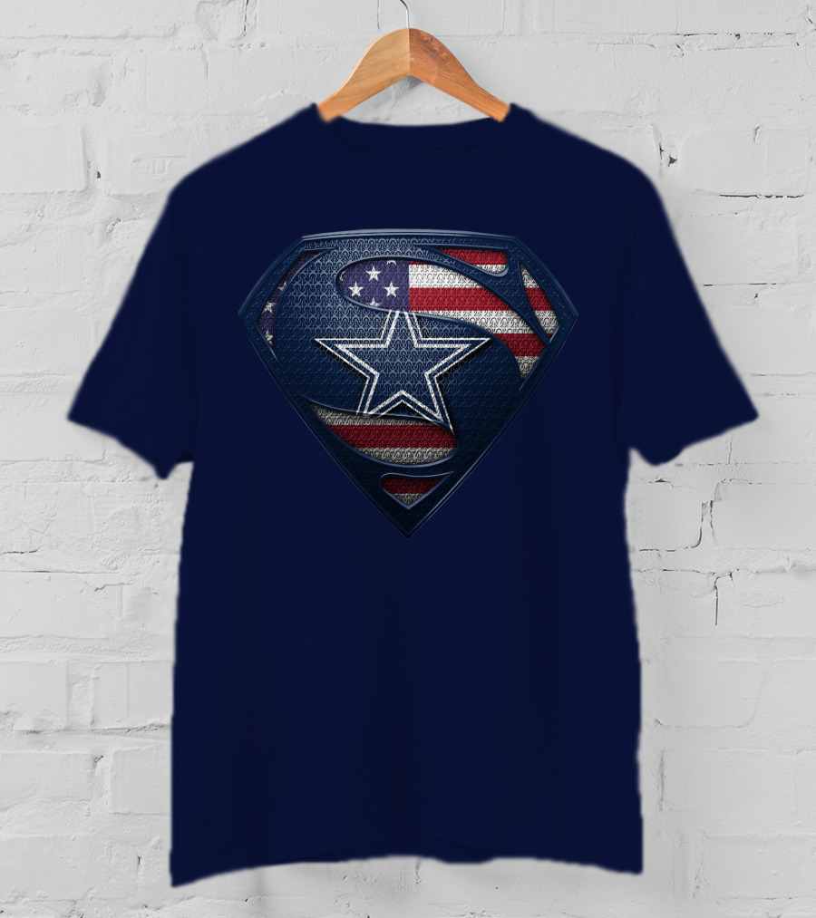 Spm DALLAS COWBOYS Superman Shield American Flag Star T-Shirt