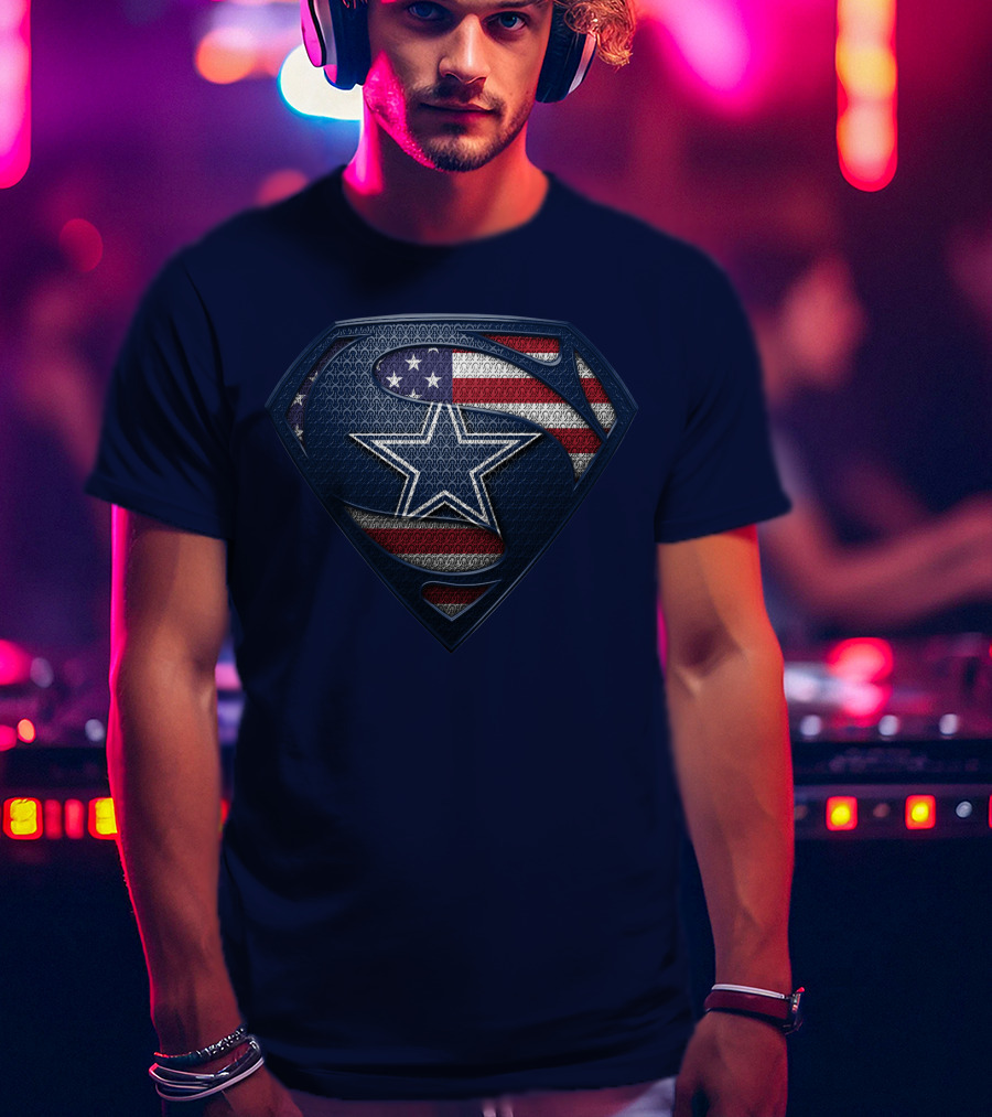Spm DALLAS COWBOYS Superman Shield American Flag Star T-Shirt