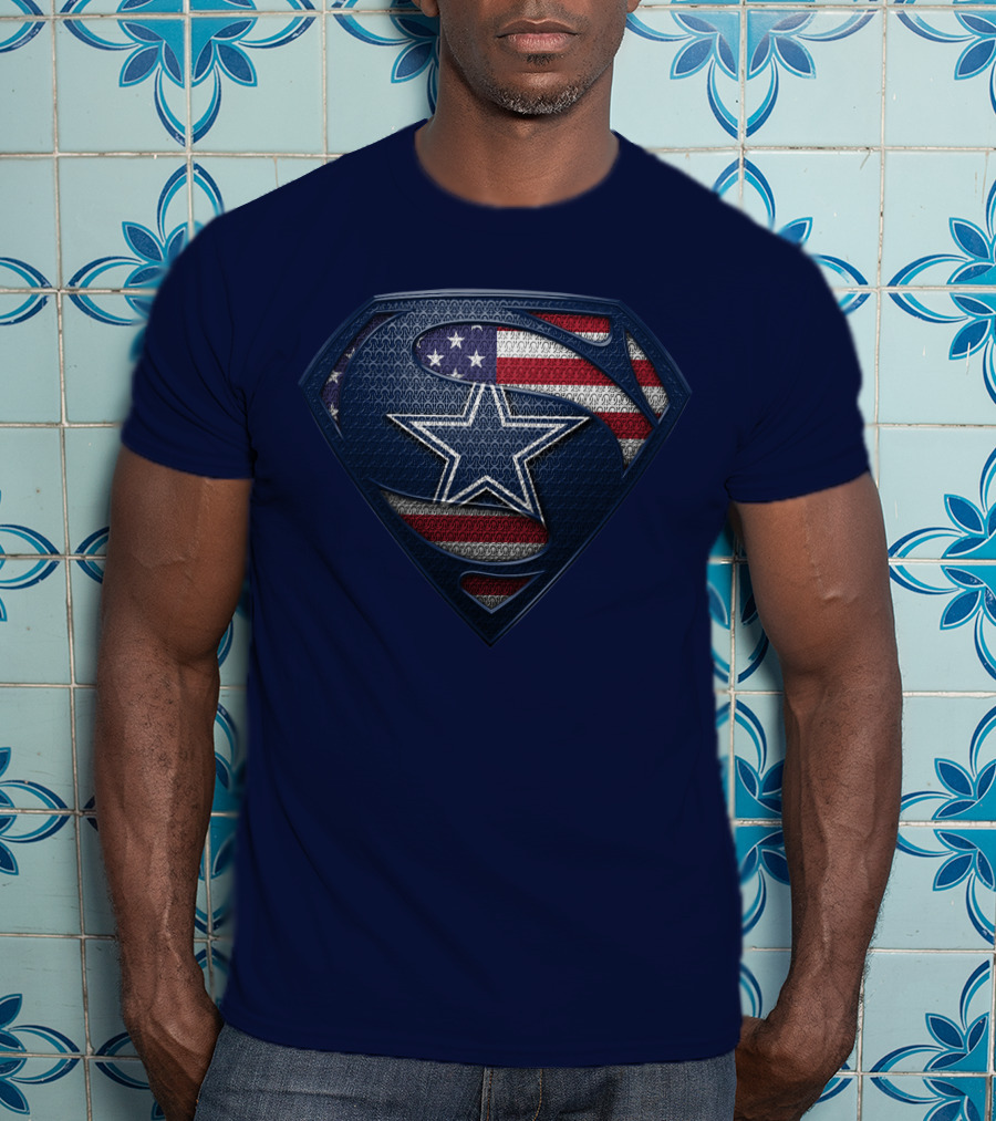 Spm DALLAS COWBOYS Superman Shield American Flag Star T-Shirt