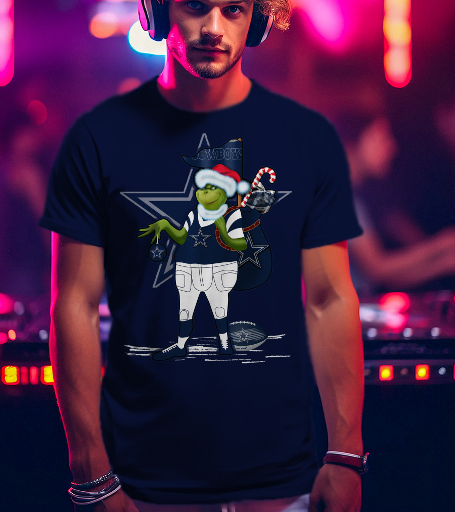 Grinchxmas Dallas Cowboys Holiday Cheer With Starry Football Twist T-Shirt