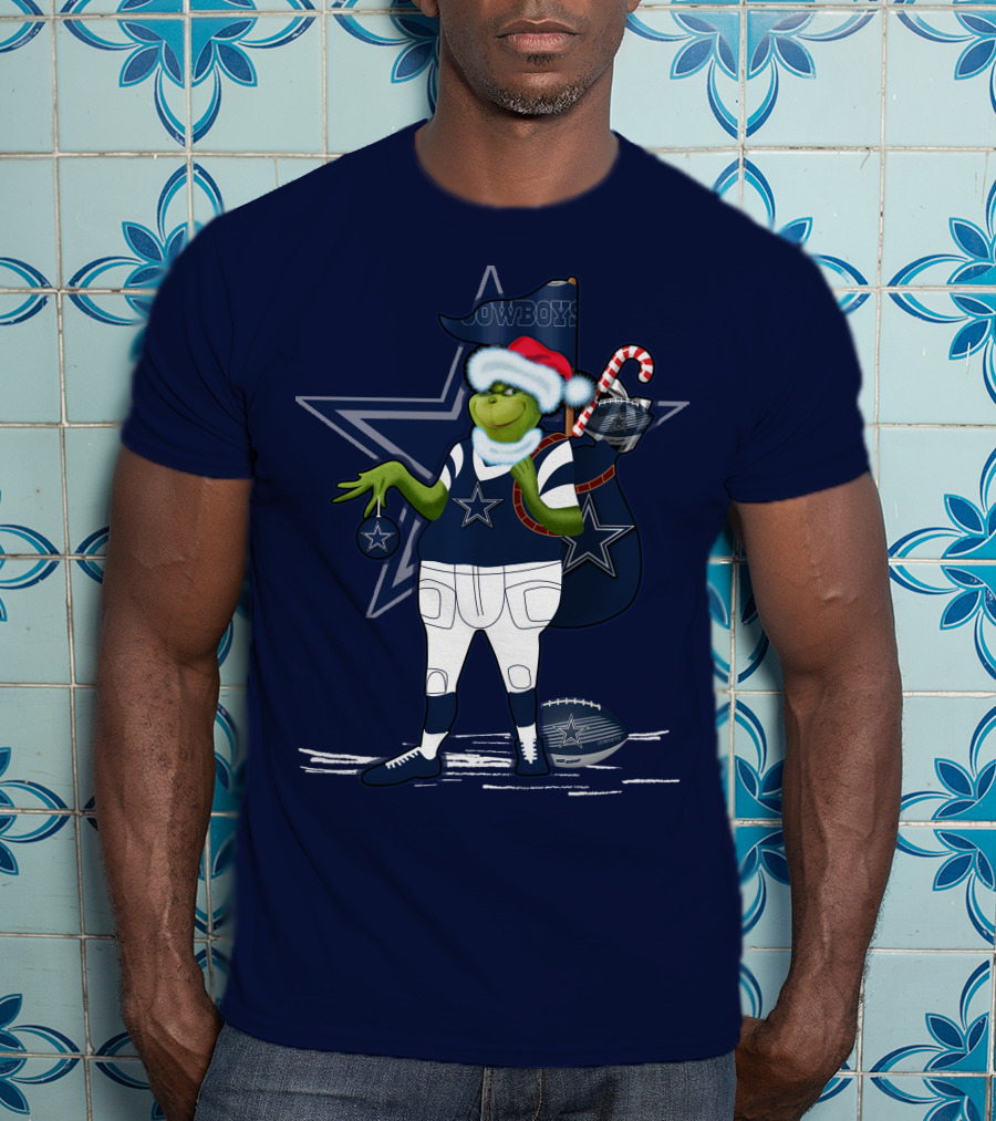 Grinchxmas Dallas Cowboys Holiday Cheer With Starry Football Twist T-Shirt