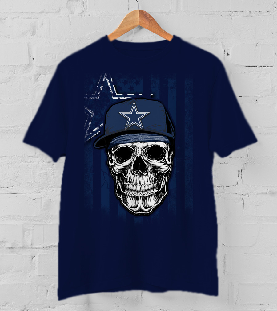 Skull Dallas Cowboys Star Cap With Stripes Background T-Shirt