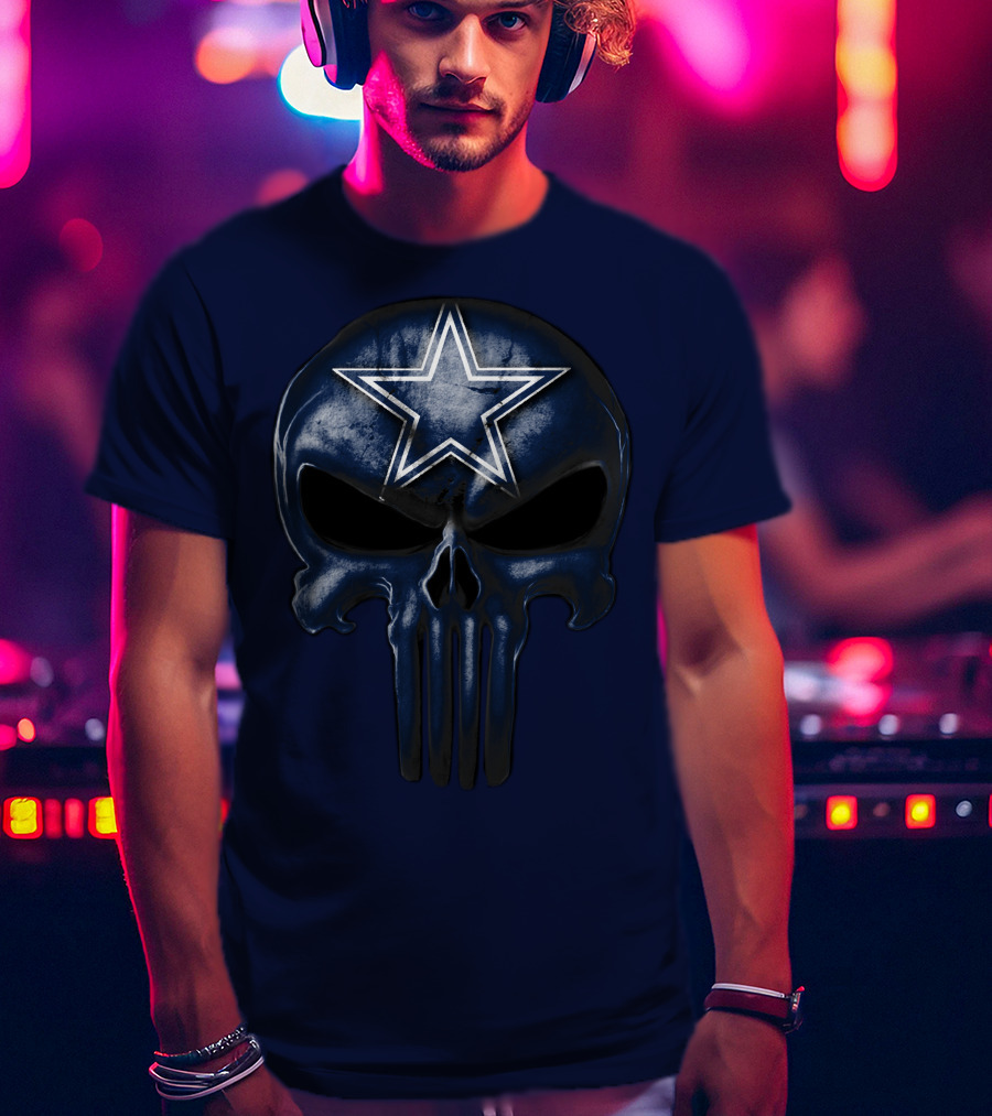 Skull Dallas Cowboys Star Logo Navy Background T-Shirt