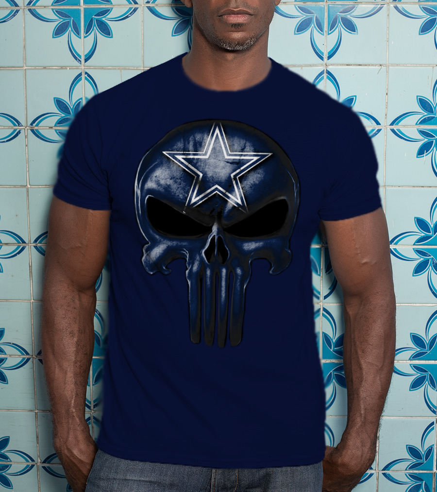 Skull Dallas Cowboys Star Logo Navy Background T-Shirt