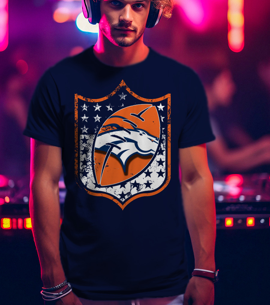 Denver Broncos Vintage Logo With Stars And Orange Shield T-Shirt