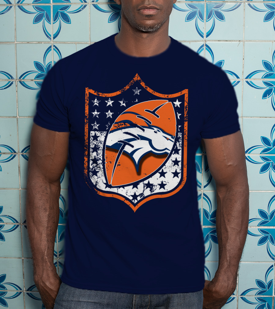 Denver Broncos Vintage Logo With Stars And Orange Shield T-Shirt