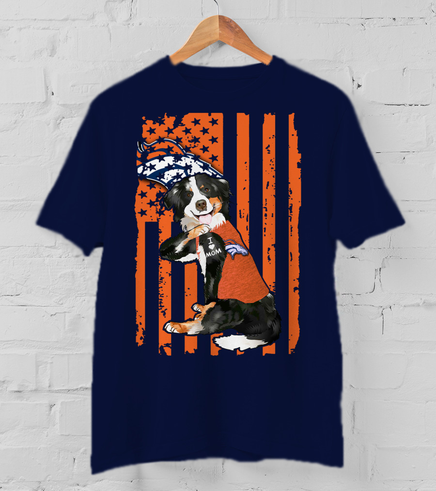 Border Collie I Love Mom Denver Broncos Fan Puppy With Flag T-Shirt