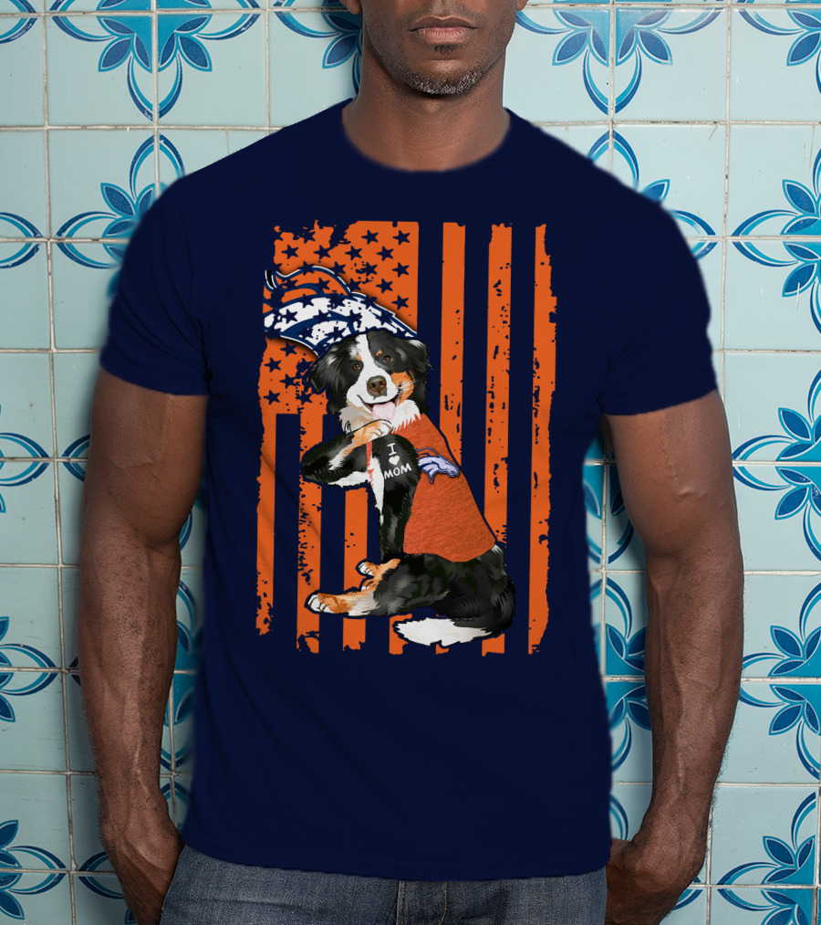 Border Collie I Love Mom Denver Broncos Fan Puppy With Flag T-Shirt