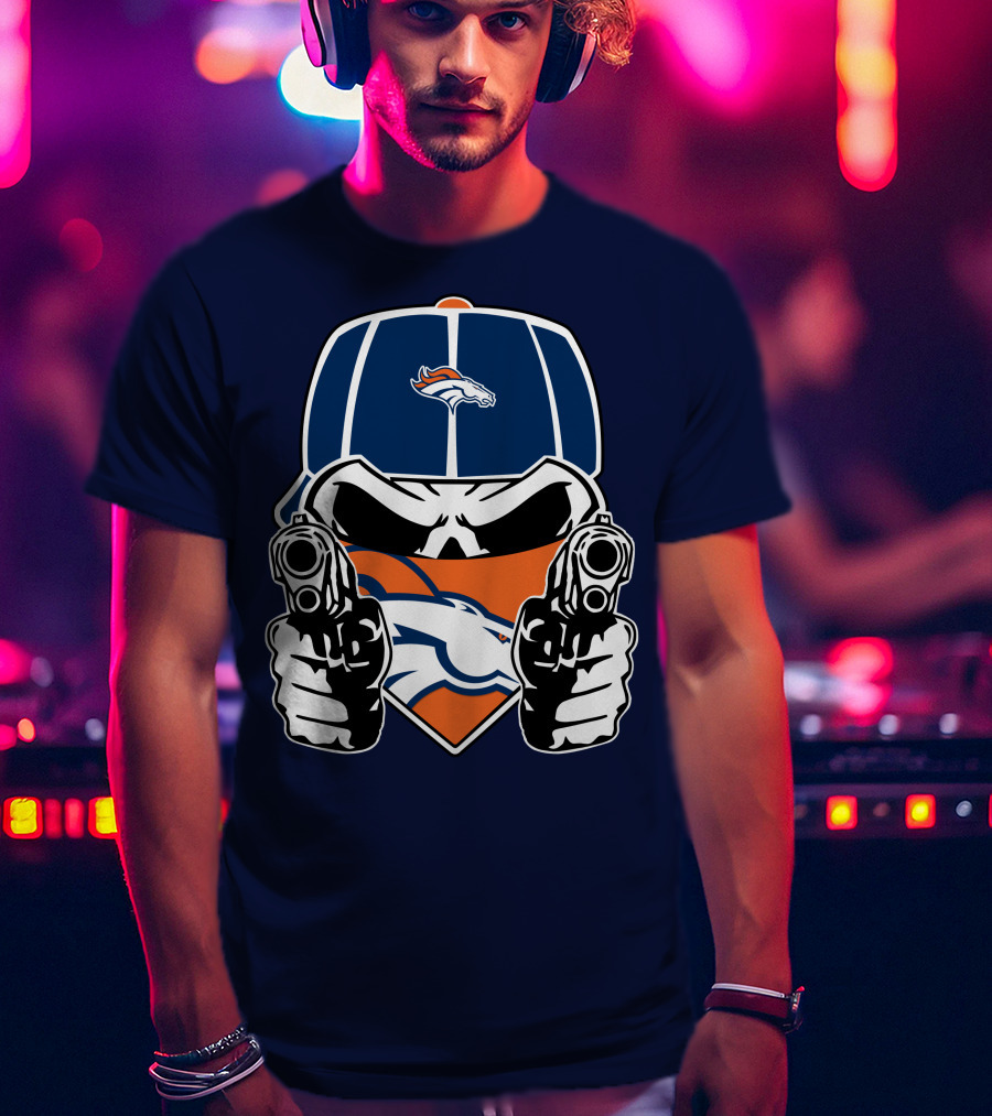 Denver Broncos Skull Bandana Dual Guns T-Shirt
