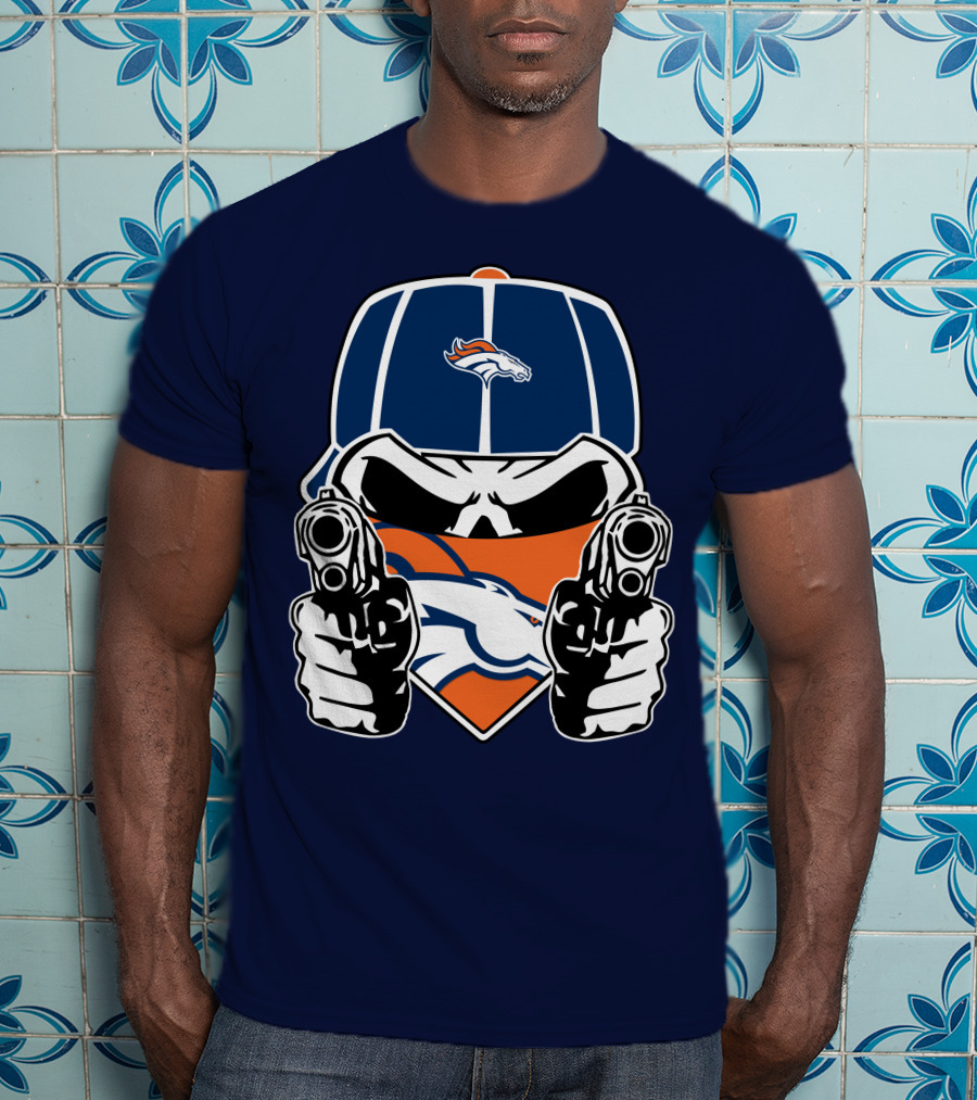 Denver Broncos Skull Bandana Dual Guns T-Shirt