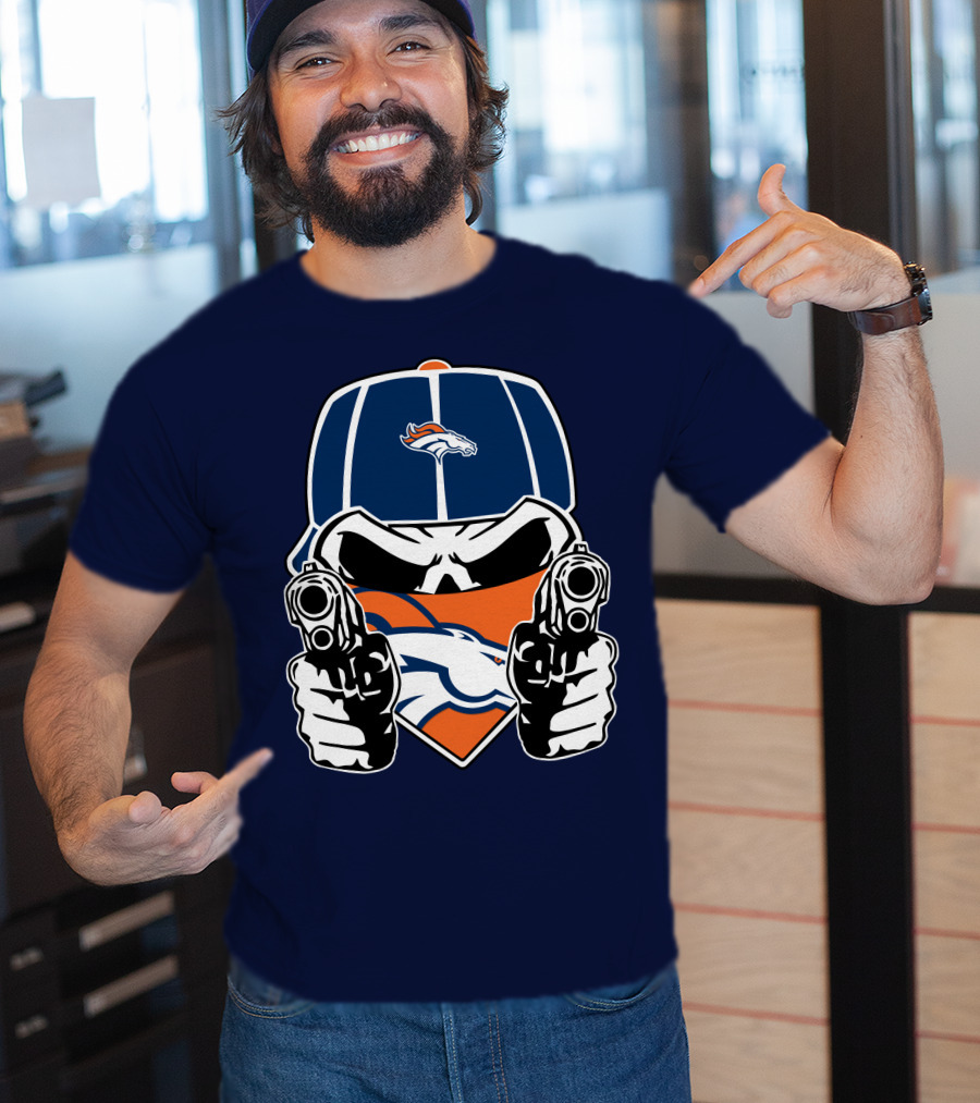 Denver Broncos Skull Bandana Dual Guns T-Shirt