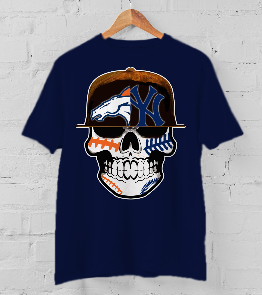 Denver Broncos New York Yankees Skull Sports Fusion T-Shirt