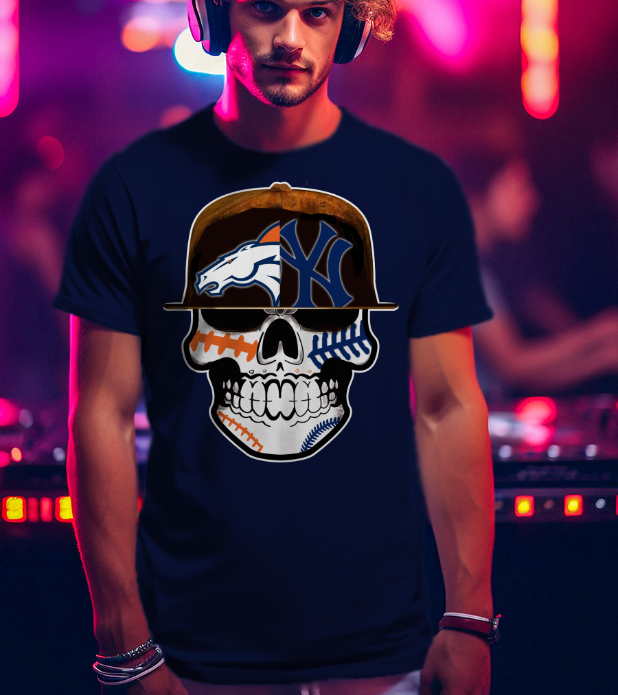 Denver Broncos New York Yankees Skull Sports Fusion T-Shirt
