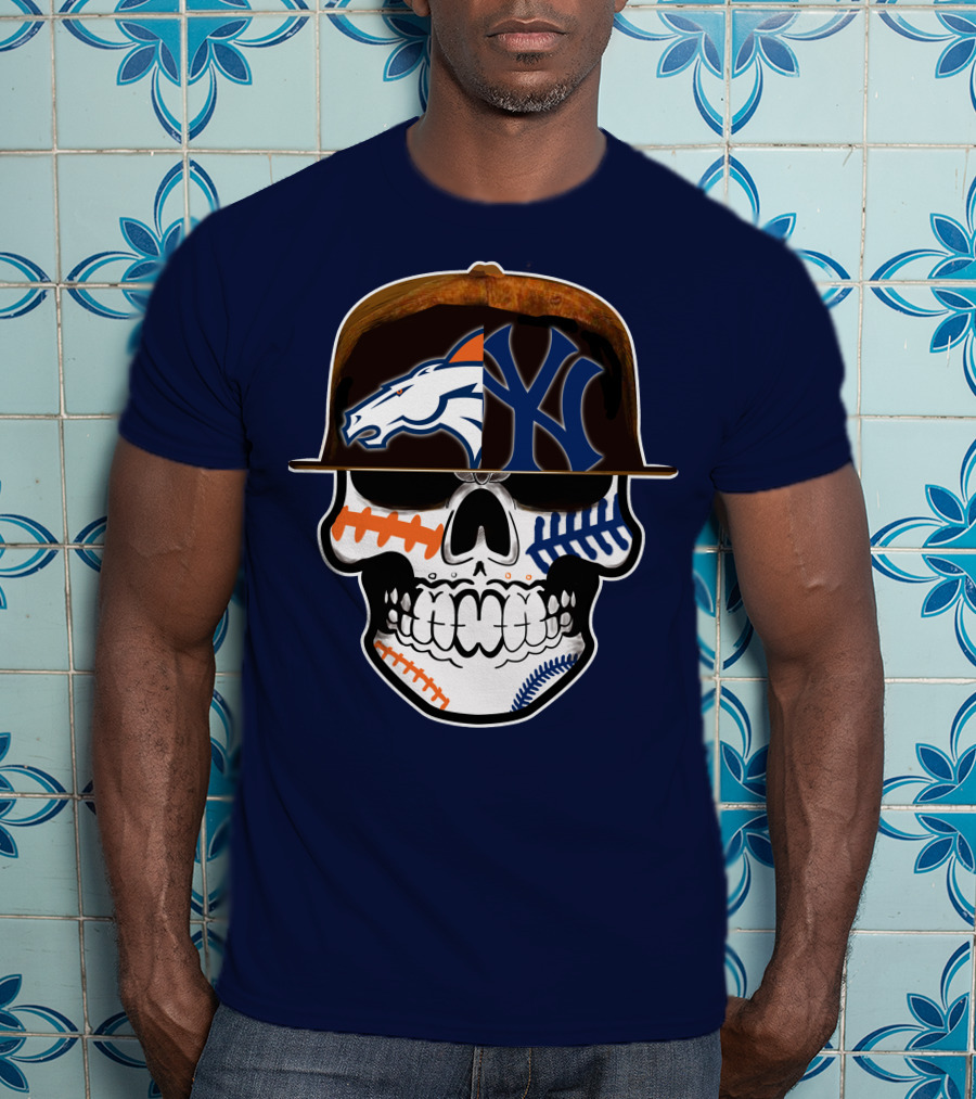 Denver Broncos New York Yankees Skull Sports Fusion T-Shirt