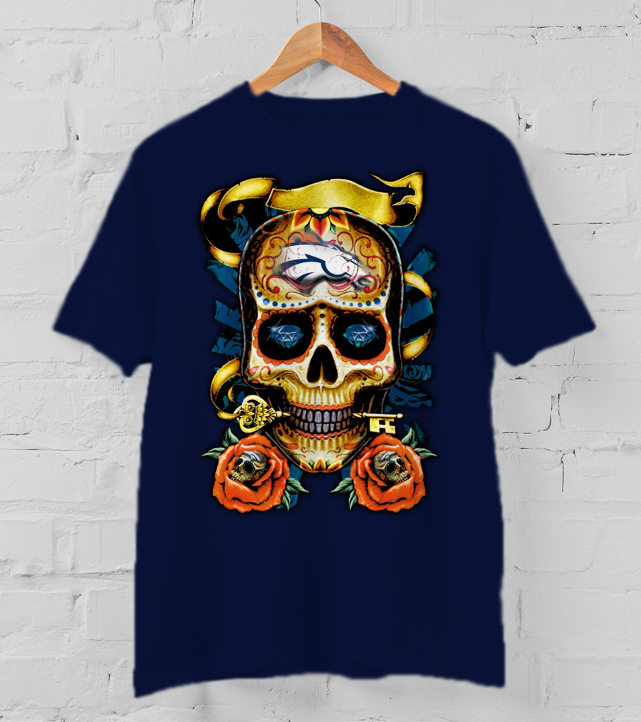 Denver Broncos 42 Sugar Skull Roses Key Ribbon T-Shirt