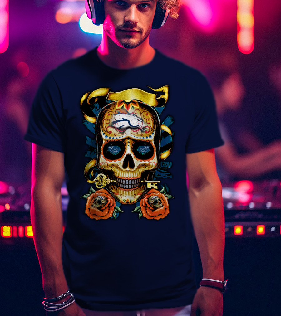 Denver Broncos 42 Sugar Skull Roses Key Ribbon T-Shirt