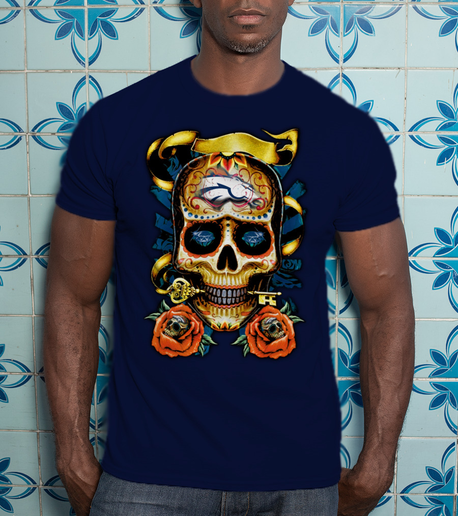 Denver Broncos 42 Sugar Skull Roses Key Ribbon T-Shirt
