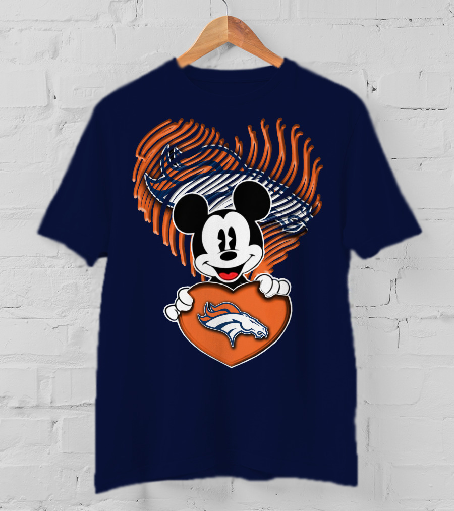 Mickey Mouse Holding Denver Broncos Logo Heart With Bronco Horse Outline T-Shirt