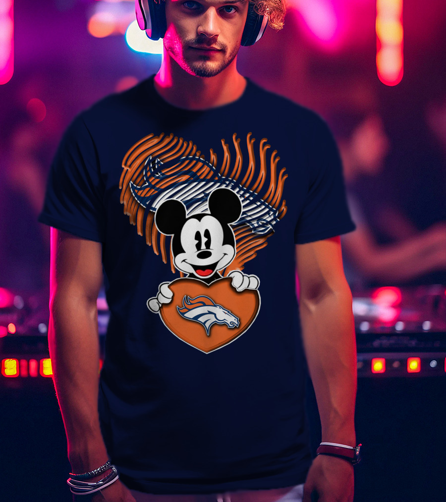 Mickey Mouse Holding Denver Broncos Logo Heart With Bronco Horse Outline T-Shirt