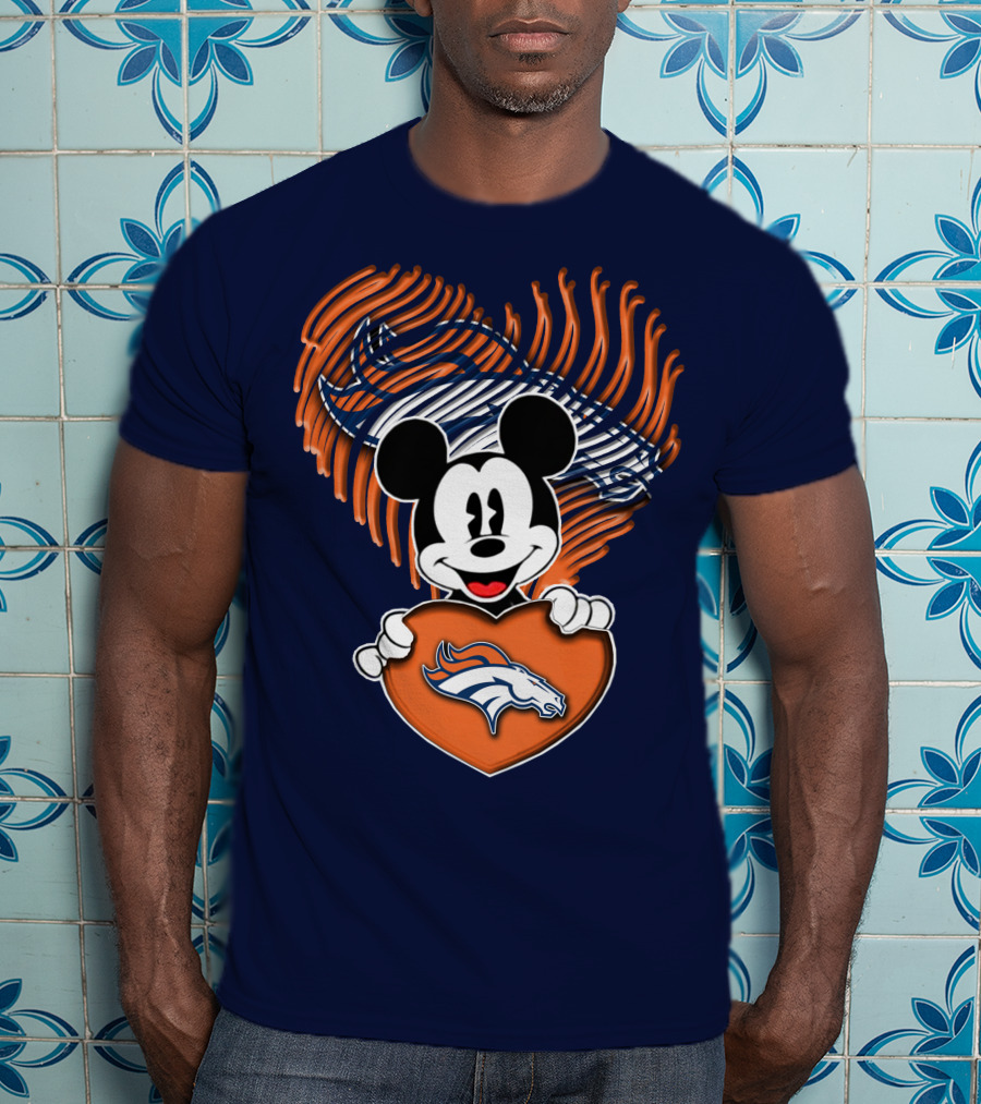 Mickey Mouse Holding Denver Broncos Logo Heart With Bronco Horse Outline T-Shirt
