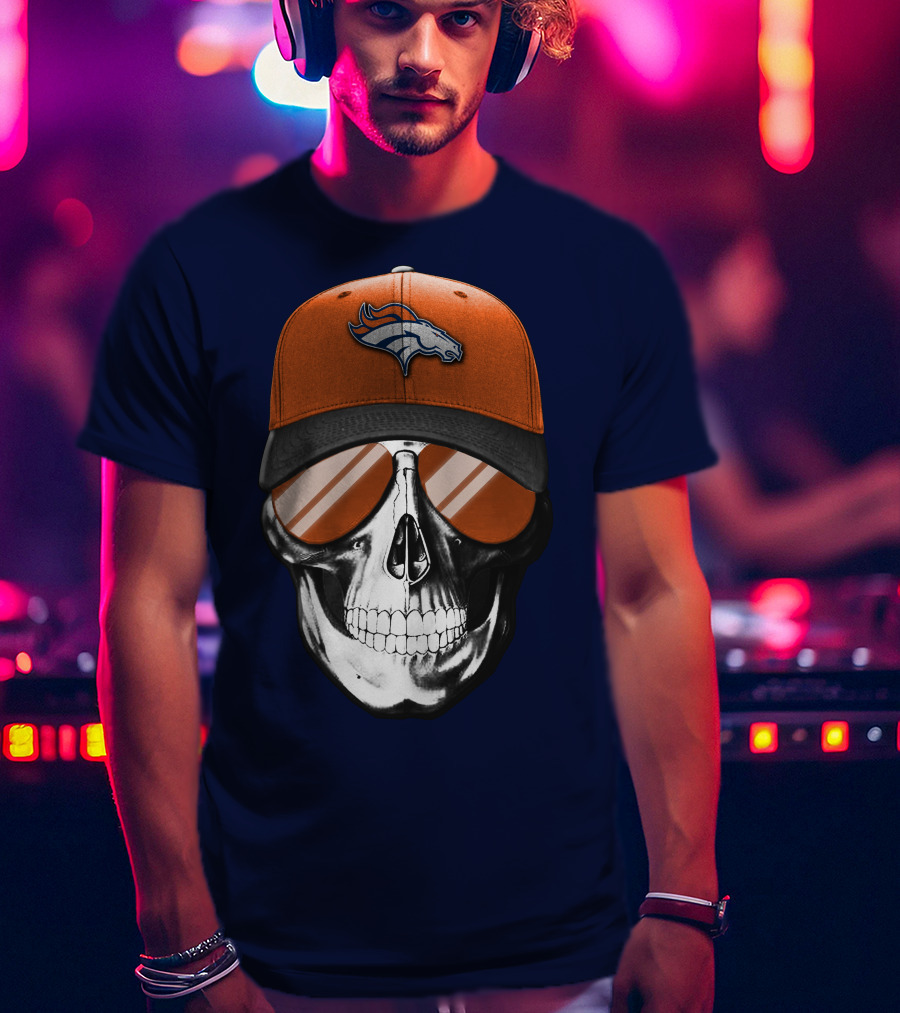 Skull V7 Denver Broncos Cap And Sunglasses T-Shirt