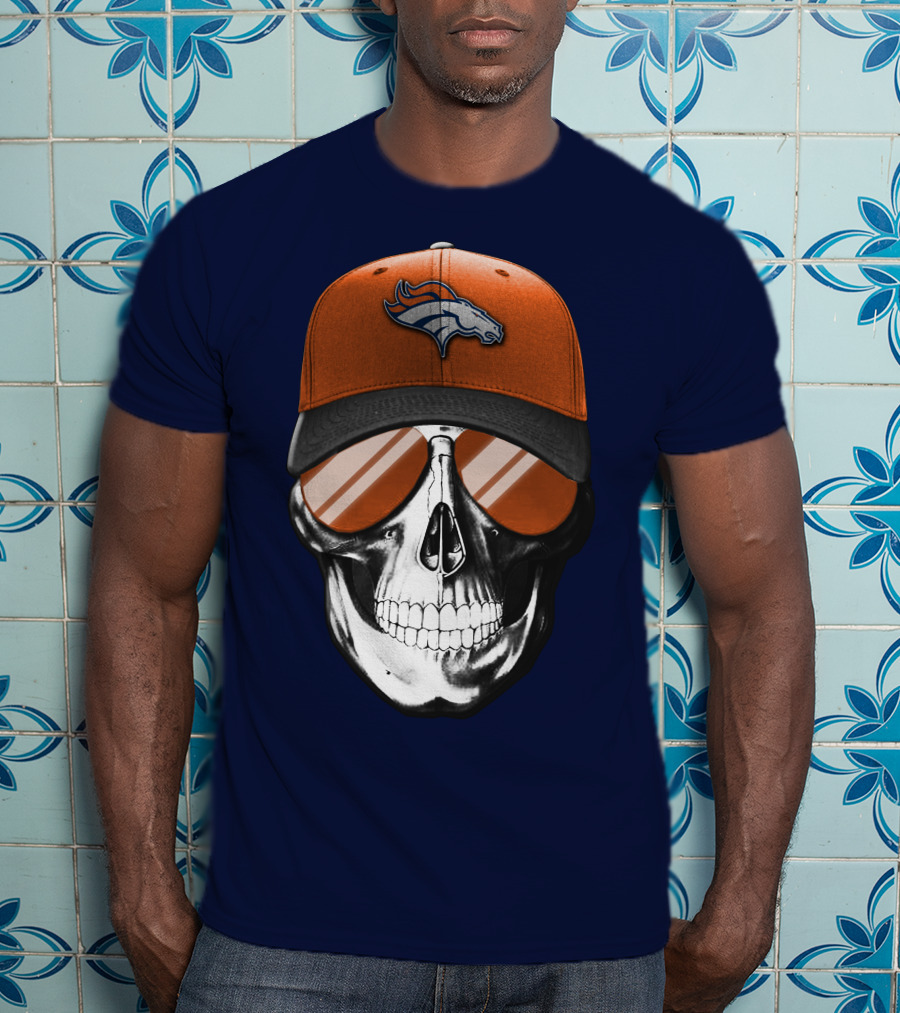 Skull V7 Denver Broncos Cap And Sunglasses T-Shirt