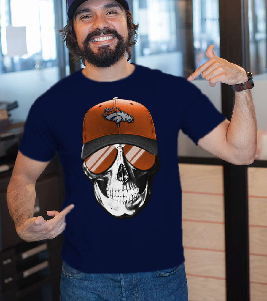 Skull V7 Denver Broncos Cap And Sunglasses T-Shirt
