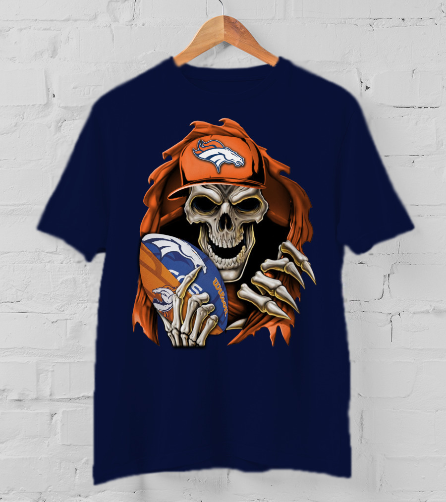 Skullbong Denver Broncos Skeleton Holding Football With Team Logo Helmet And Cap T-Shirt