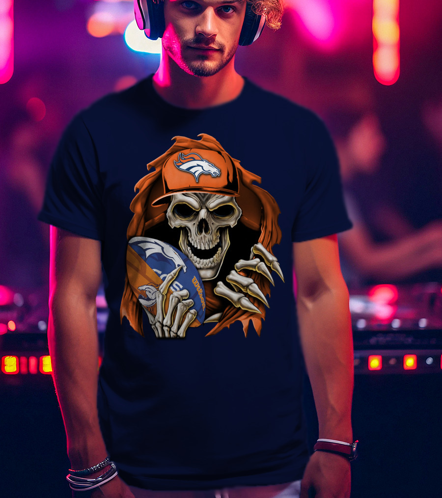 Skullbong Denver Broncos Skeleton Holding Football With Team Logo Helmet And Cap T-Shirt