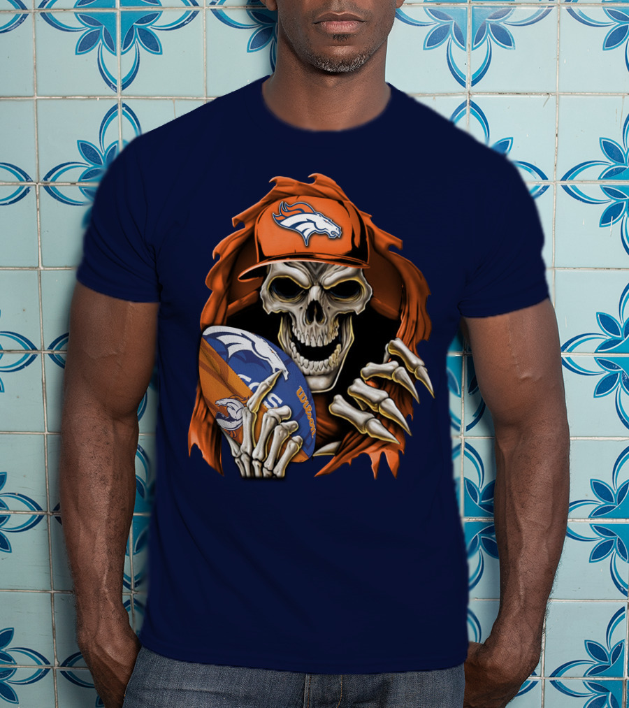 Skullbong Denver Broncos Skeleton Holding Football With Team Logo Helmet And Cap T-Shirt
