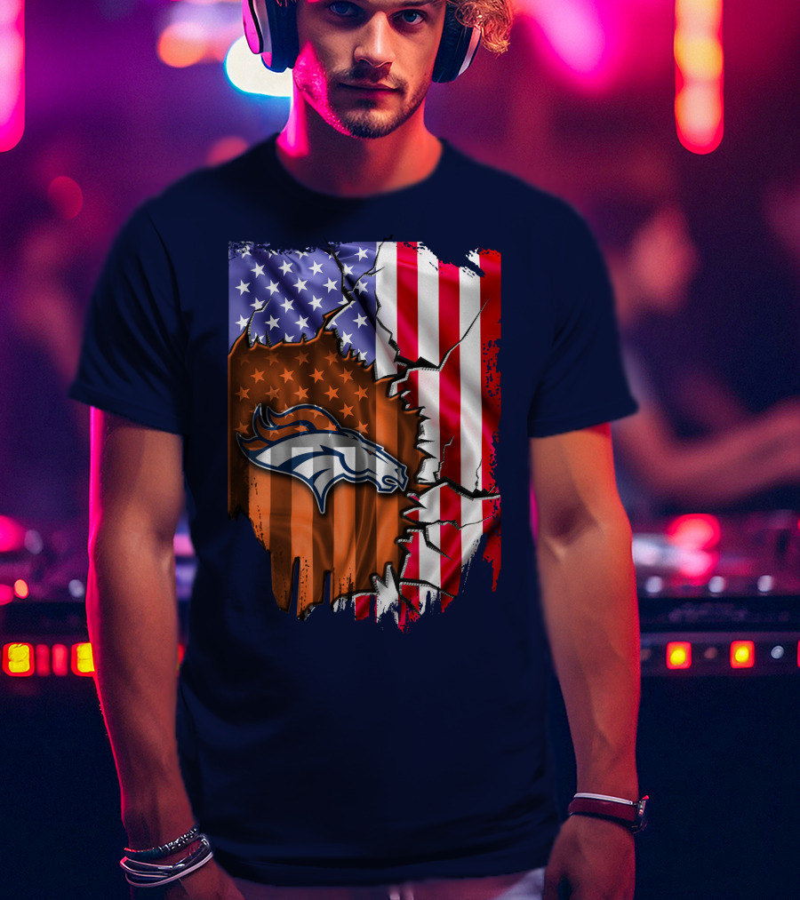 Flag V2 Denver Broncos American Flag Rip Style T-Shirt