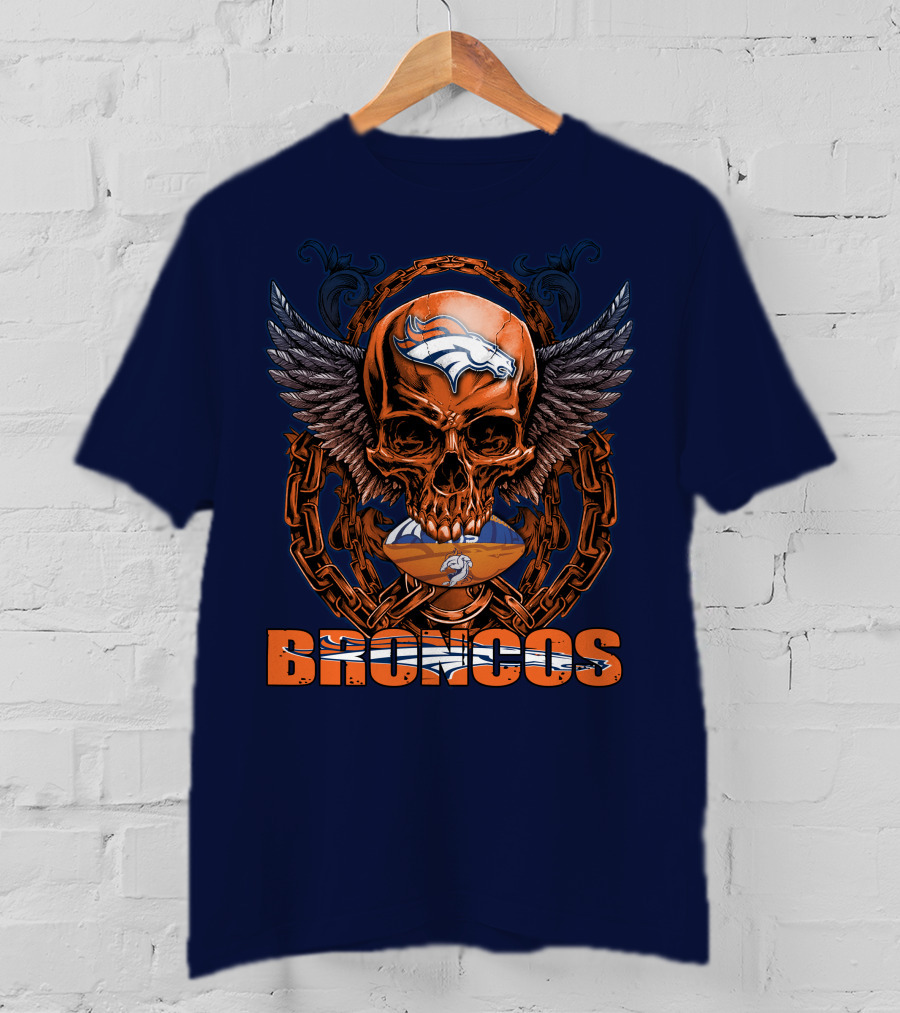 Skullfb Denver Broncos Winged Skull Football Chain T-Shirt