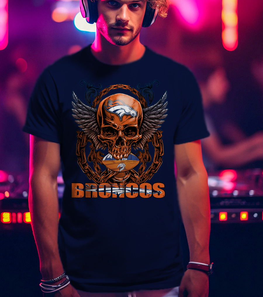 Skullfb Denver Broncos Winged Skull Football Chain T-Shirt