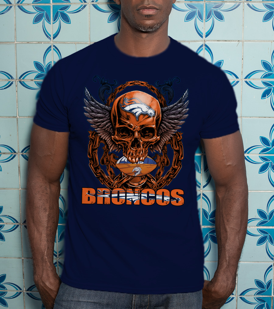 Skullfb Denver Broncos Winged Skull Football Chain T-Shirt
