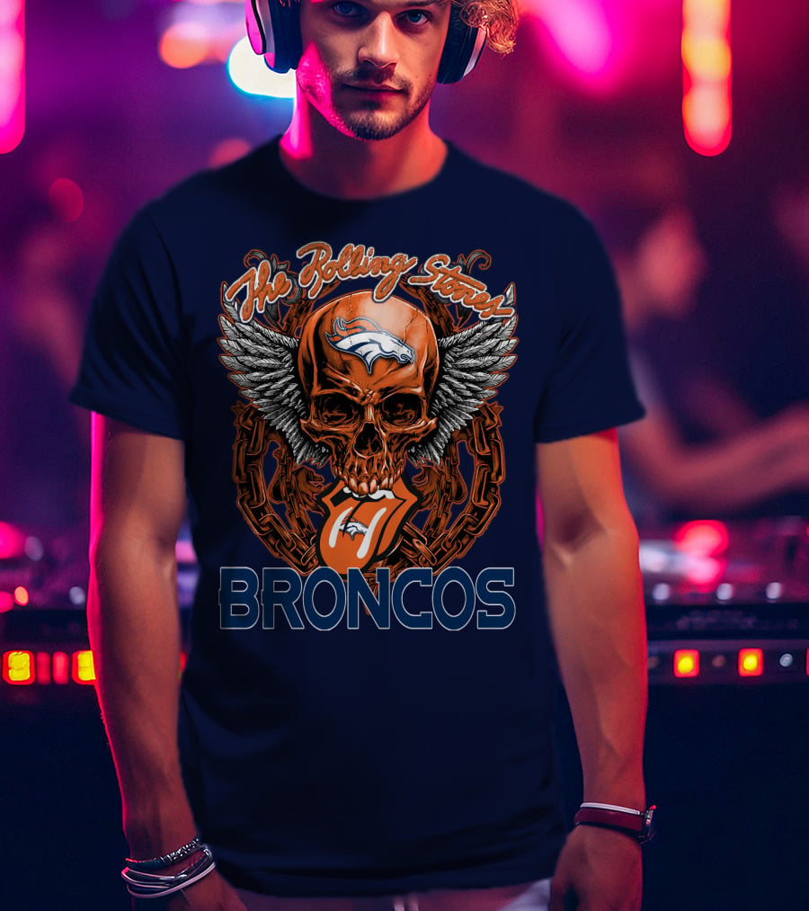 The Rolling Stones Broncos Winged Skull Denver Broncos Logo Tongue T-Shirt