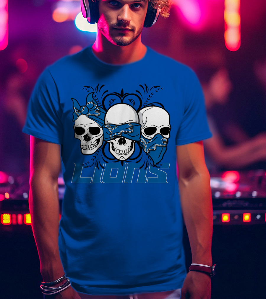 Skull Detroit Lions Bandana Style Art T-Shirt