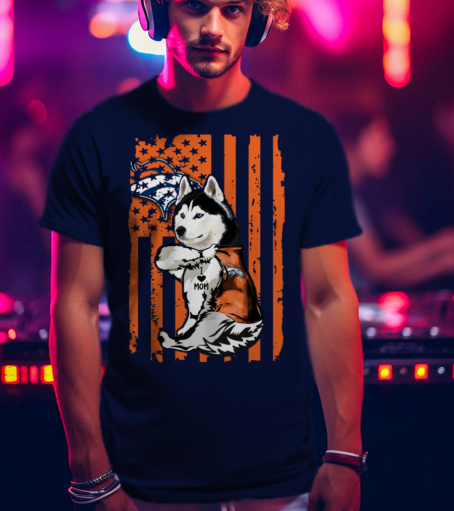 Siberian Husky Mom Denver Broncos Fan Usa Flag T-Shirt