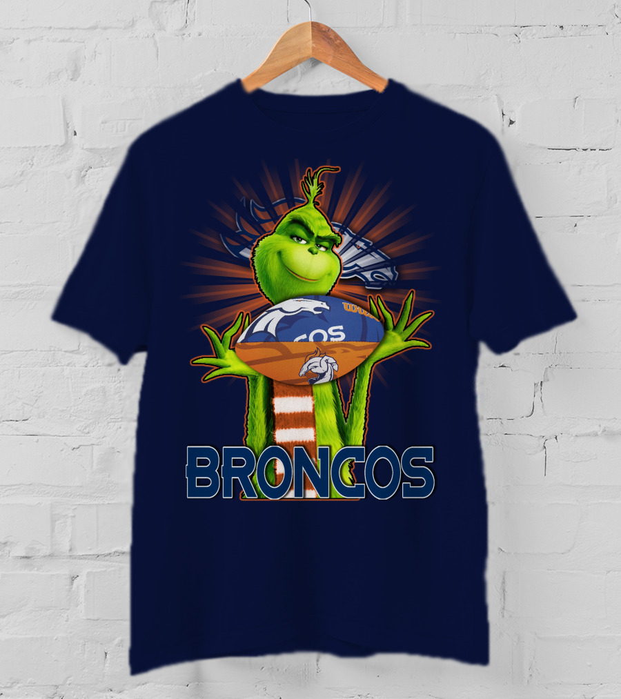 Grinch Holding Denver Broncos Football T-Shirt