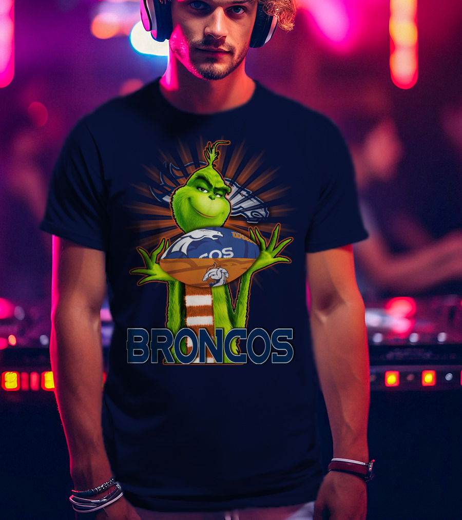 Grinch Holding Denver Broncos Football T-Shirt