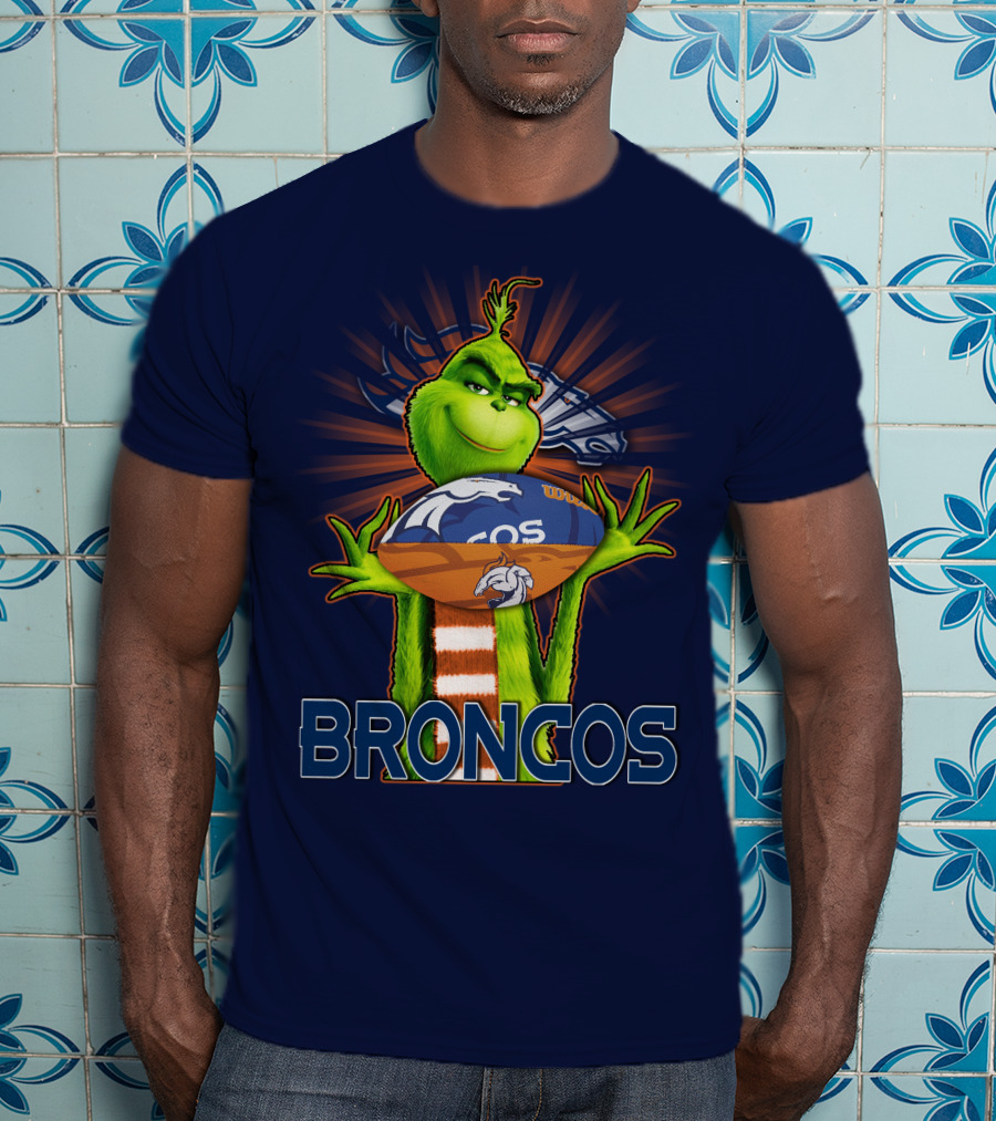 Grinch Holding Denver Broncos Football T-Shirt