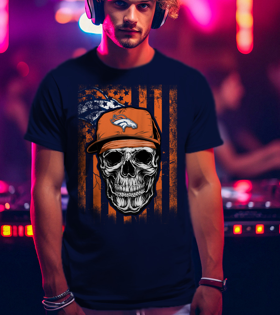 Skull V1 Denver Broncos Flag Style Football Skull Cap T-Shirt